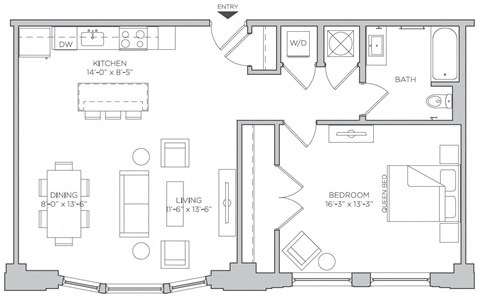 Floor plan for 1 bed, 1 bath, 869 sqft